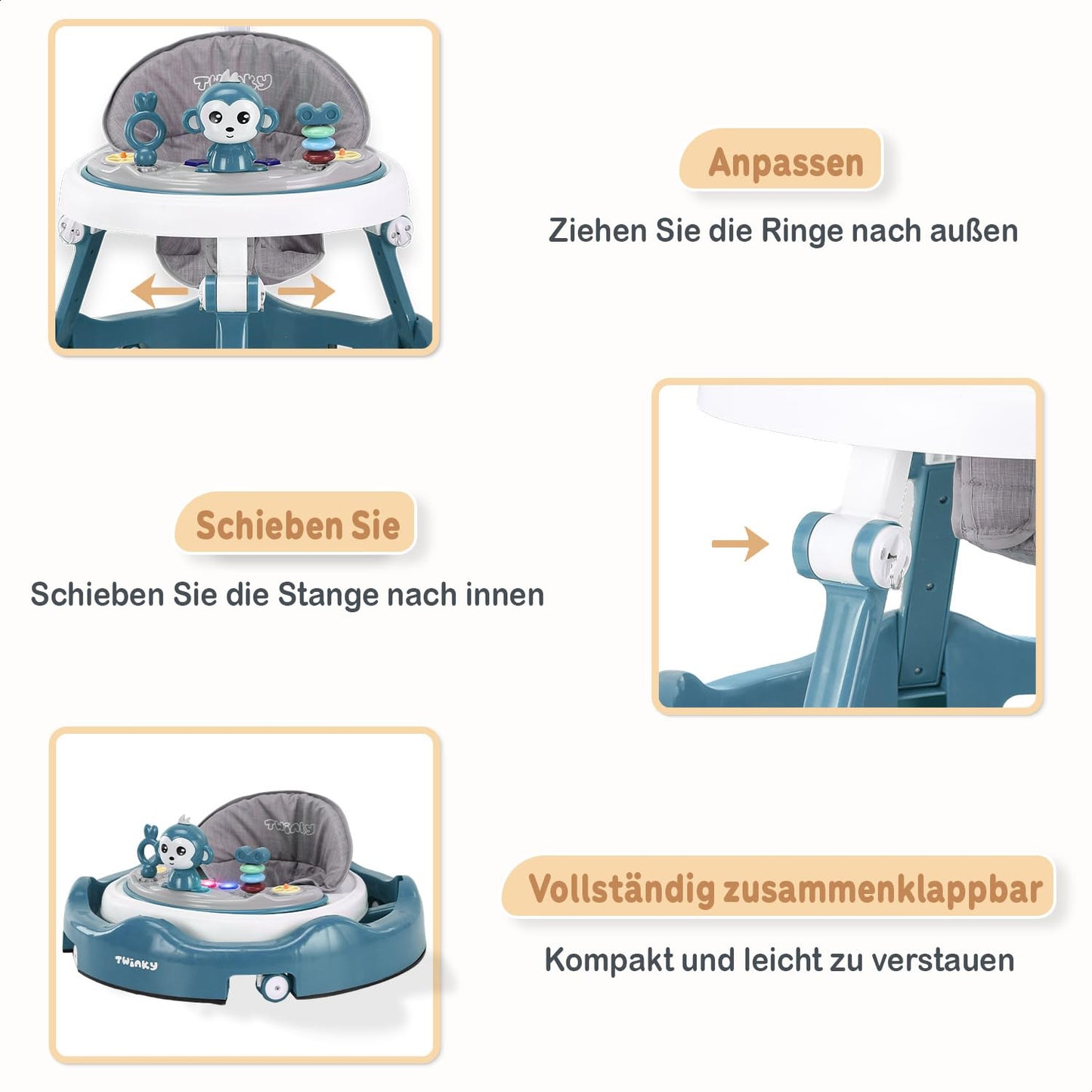 Twinky Lauflernwagen Azur Blau, Babywalker mit Spielset
