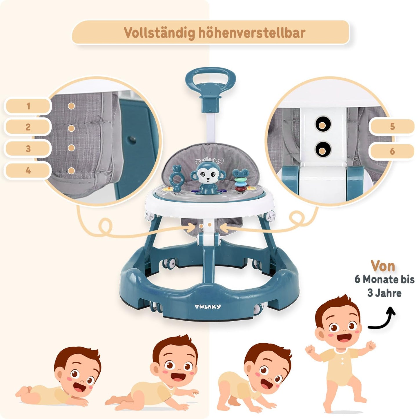 Twinky Lauflernwagen Azur Blau, Babywalker mit Spielset