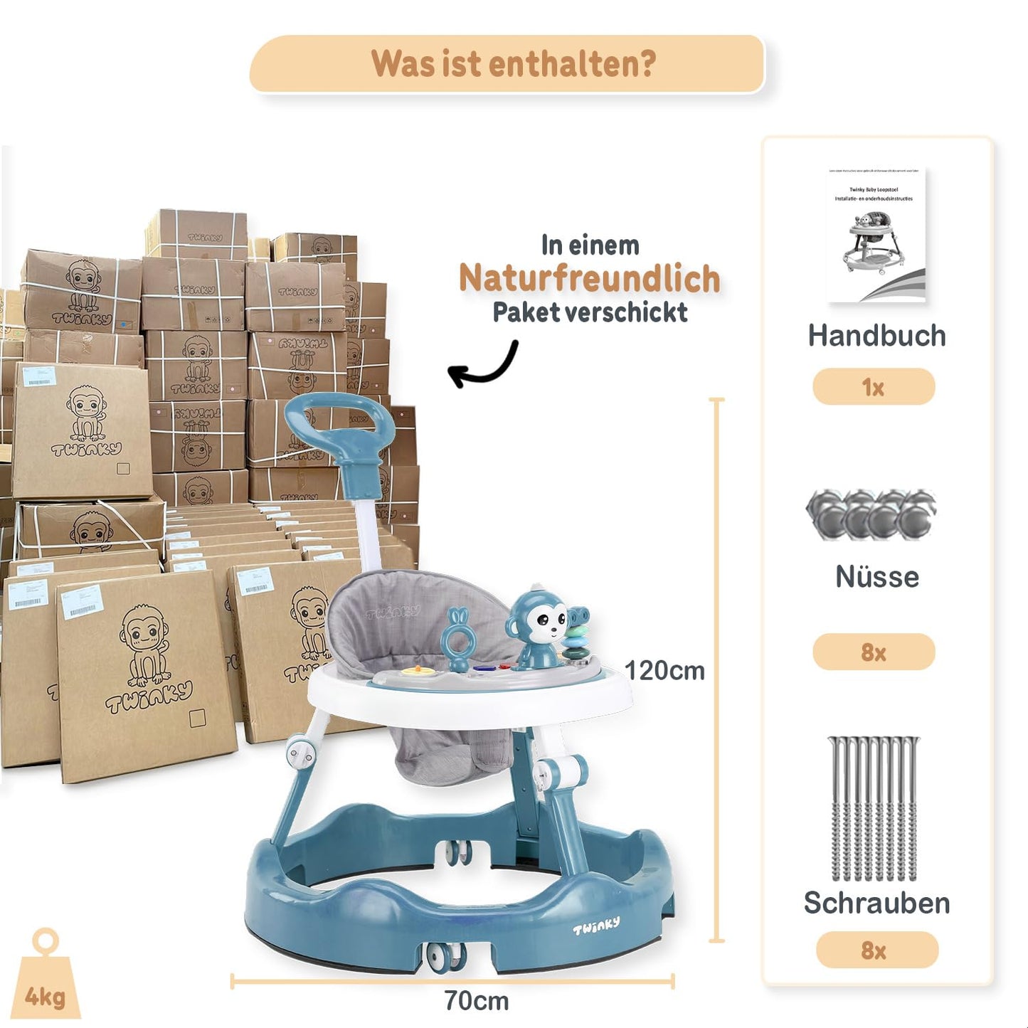 Twinky Lauflernwagen Azur Blau, Babywalker mit Spielset